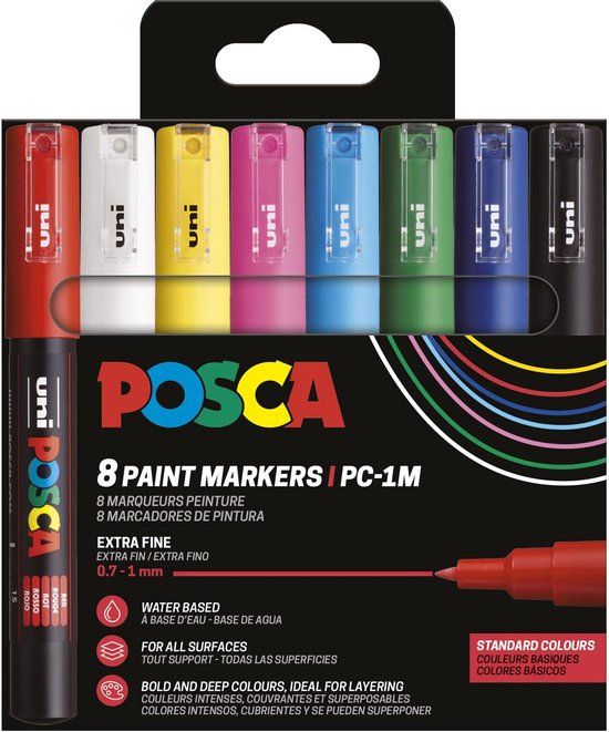 POSCA Paintmarker PC-1MC - 0,7 - 1 mm - Uni Mitsubishi Pencil - etui van 8 stuks in basiskleuren