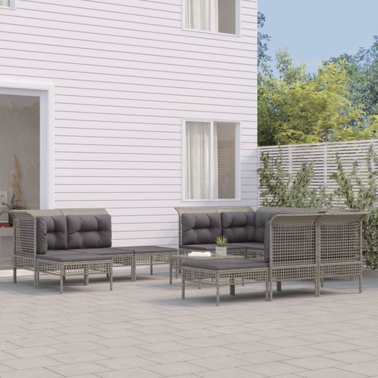 The Living Store Loungeset Poly Rattan - Grijs - Modulair ontwerp - Weerbestendig - Stevig frame