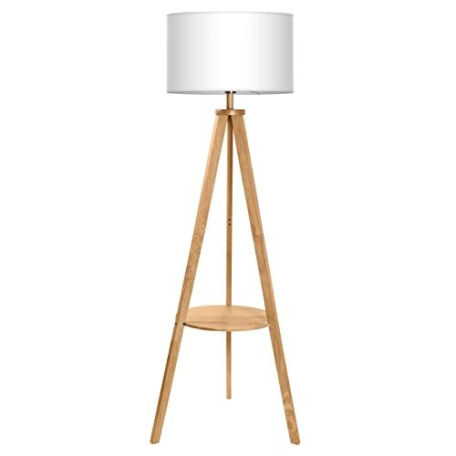 Tomons Staande lamp statief van hout, staande lamp met plank en E27 8 W gloeilamp, witte lampenkap van stof, Scandinavische stijl, voor woonkamer, slaapkamer