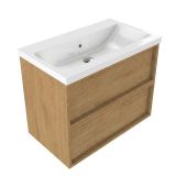 Saniclass Ensemble de meubles de salle de bain avec cadre en bois - 80x45x63.5cm - Lavabo en céramique Bari blanc - 1 vasque - sans trou de robinet - 2 tiroirs - chêne mat naturel