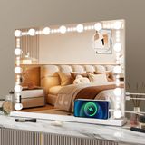 Puluomis Hollywood Spiegel 58x46CM - Spiegel met verlichting - 15x LED-lampen - Omringende LED-kralen - USB- en Type-C-oplaadpoort - 10x vergroting - Dimbaar