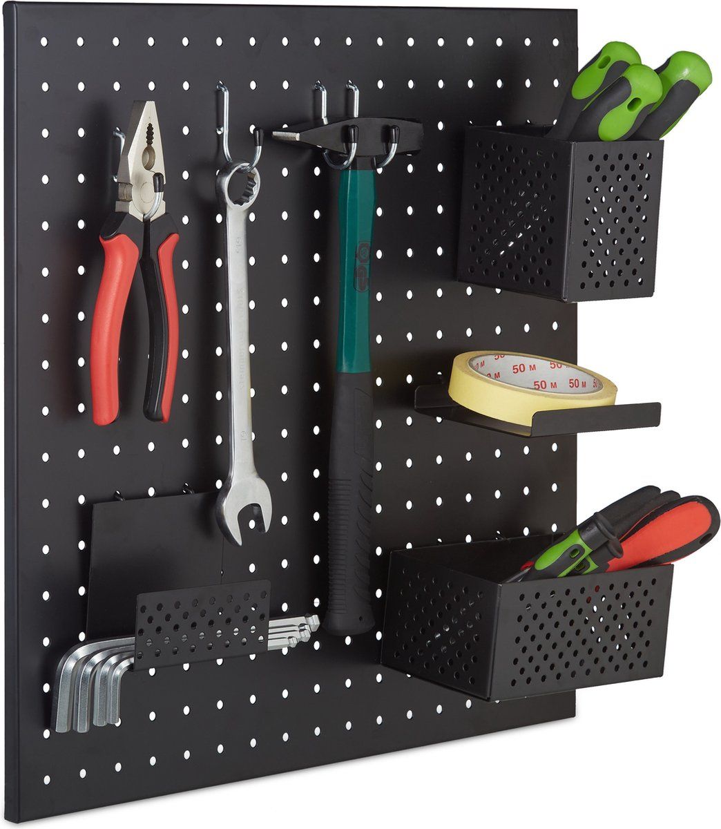 Relaxdays gereedschapswand - met toebehoren - wandrek gereedschap - metaal - zwart