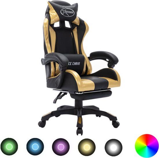 vidaXL Racestoel met RGB LED-verlichting, kunstleer, goudkleurig en zwart