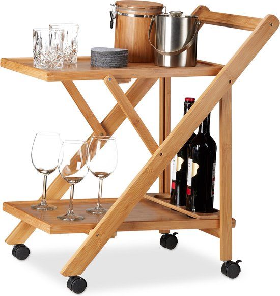 Relaxdays Serveerwagen Bamboe - 2 Laags - Inklapbaar - 70 x 40,5 x 65 cm - Lichtbruin/Zwart