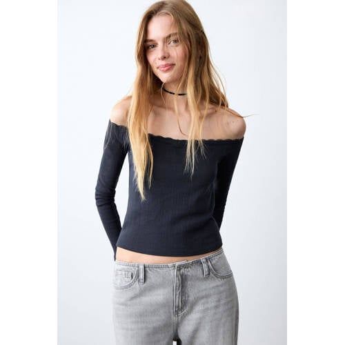 MANGO TEEN off shoulder top marineblauw broderie