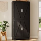 MODFU - Keukenkast - 4 Deuren - Wijnrek - Schuurdeurdesign - MDF - Zwart/Naturel - 80 x 40 x 180 cm