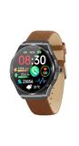 Knauermann PRO 3 (2024) zwart - gezondheidshorloge smartwatch met telefoonfunctie - ECG + HRV en SOS-functie - AMOLED-display, BT Bluetooth - slaapapneu - echt lederen band bruin