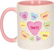 Bellatio Decorations Koffiemok voor Tante - Roze - Hartjes Snoepjes - Verjaardag