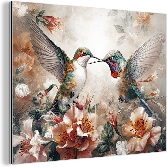 MuchoWow Aluminium Schilderij Industrieel - Kolibrie - Vogels - Bloemen - Natuur - 80x60 cm - Dibond