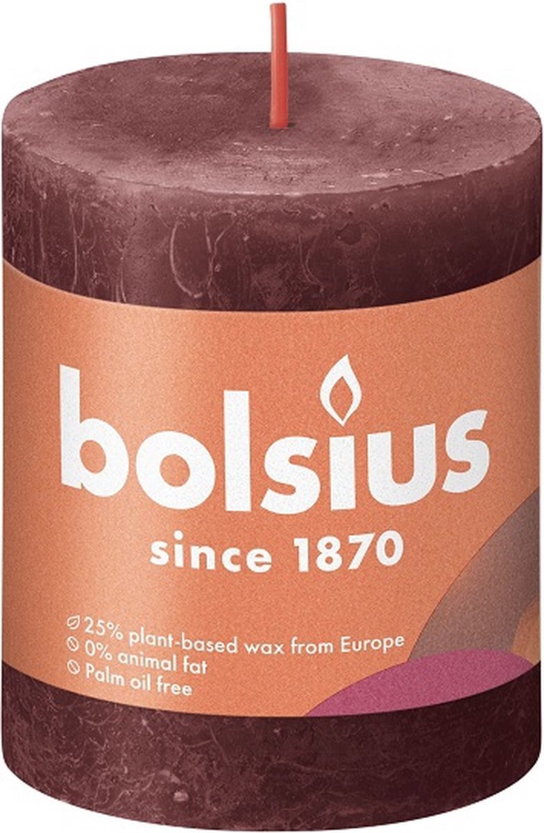 Bolsius 4 stuks wijnrood rustiek stompkaarsen 80/68 (35 uur) Eco Shine Velvet Red