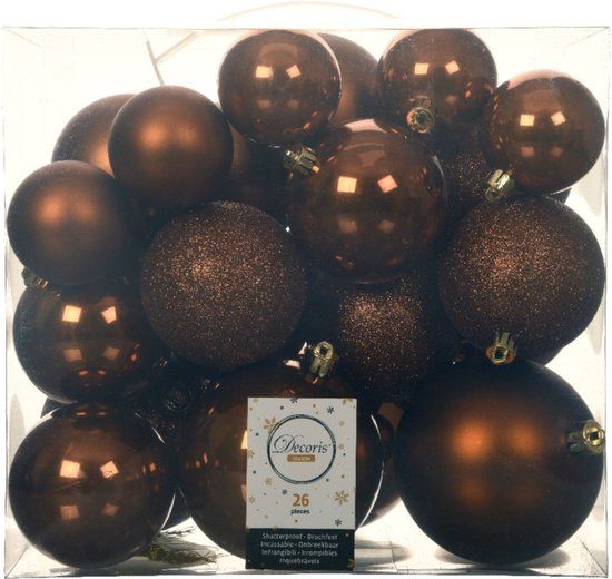 Decoris Kerstballen - 26 stuks - Kunststof - Kaneelbruin - 6-8-10 cm - Mix
