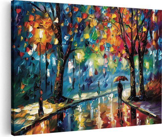 Artaza Canvas Schilderij Kunstwerk - Persoon in Regenachtige Nacht - 90x60 cm