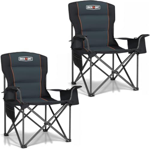 OVERMONT 2 stuks extra grote campingklapstoel voor volwassenen met zijzak en draagtas - Heavy Duty stalen frame ondersteuning 204 kg met hoge rug en bekerhouder, comfortabel voor tuin, picknick,
