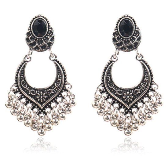 Deja Jewels Lookinggoodtoday Dames oorhangers Ibiza zilverkleurig zwart met zilverkleurige kraaltjes