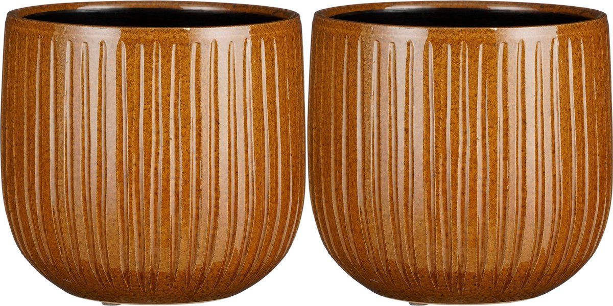 Mica Decorations - plantenpot/bloempot - okergeel glans/ribbels - D25/H20 cm - 2 stuks