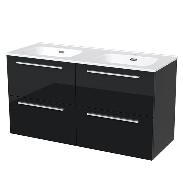 Maxaro Badkamermeubel 120cm Modulo Hoogglans Zwart 4 lades Vlak Wastafel Keramiek