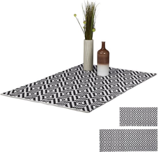 Relaxdays vloerkleed katoen - antislip kleed - zwart-wit - woonkamer tapijt - 3 groottes 120x180cm