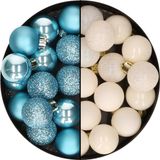 Decoris petites boules de Noël - 28x pièces - laine blanc et bleu glacier - 3 cm - plastique