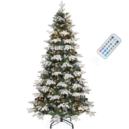 YITAHOME Kunstkerstboom, 182,9 cm, met verlichting en afstandsbediening, voorgedecoreerd met 29 kegels en 900 PE/pvc-punten, 11 lichtmodi, 3 timers, verstelbaar en gevlokt