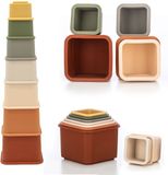 Free2Play by FreeON Tour à empiler en silicone - Gobelets empilables - Carré - Beige, Brun, Jaune, Gris, Vert