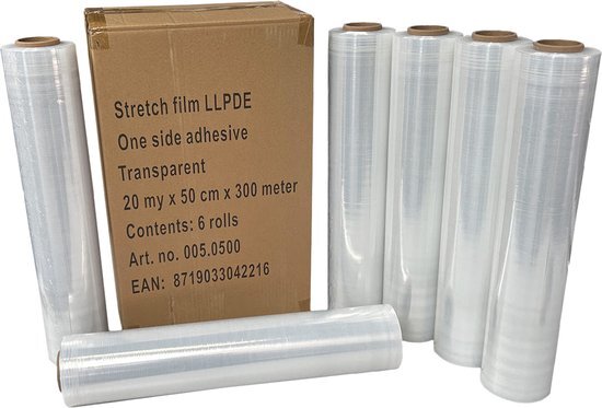 Kortpack - Handwikkelfolie 20my dik x 50cm breed x 300mtr lang - 6 rollen per doos - Stretchfolie - Rekfolie - (005.0500)