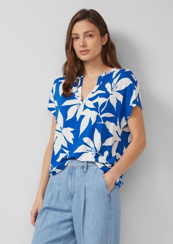 s.Oliver Gebloemd T-shirt V-hals Korte mouw Koningsblauw 38