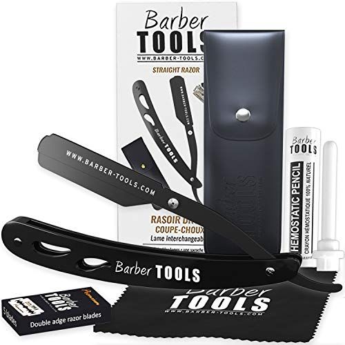 Barber Tools Traditioneel baardscheerapparaat, recht scheerapparaat, vervangbaar lemmet + doos met 5 dubbele messen + accessoires (zwart)