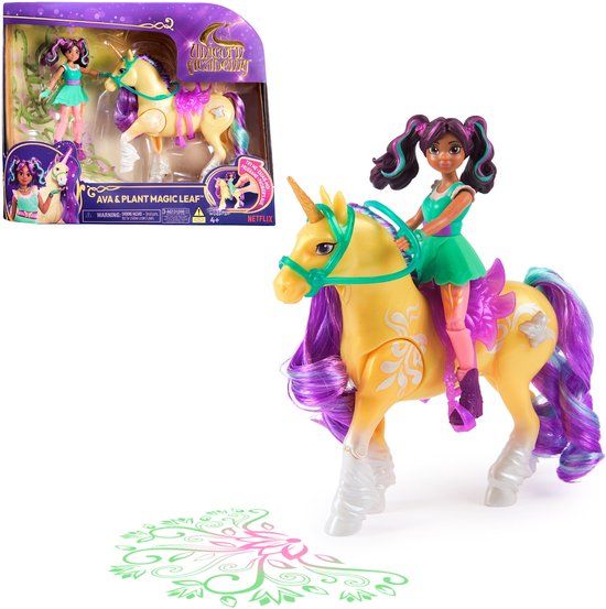 Unicorn Academy Ava & Plant Magic Leaf met lichteffecten, 2 rijaccessoires, poppen en eenhoornspeelgoed