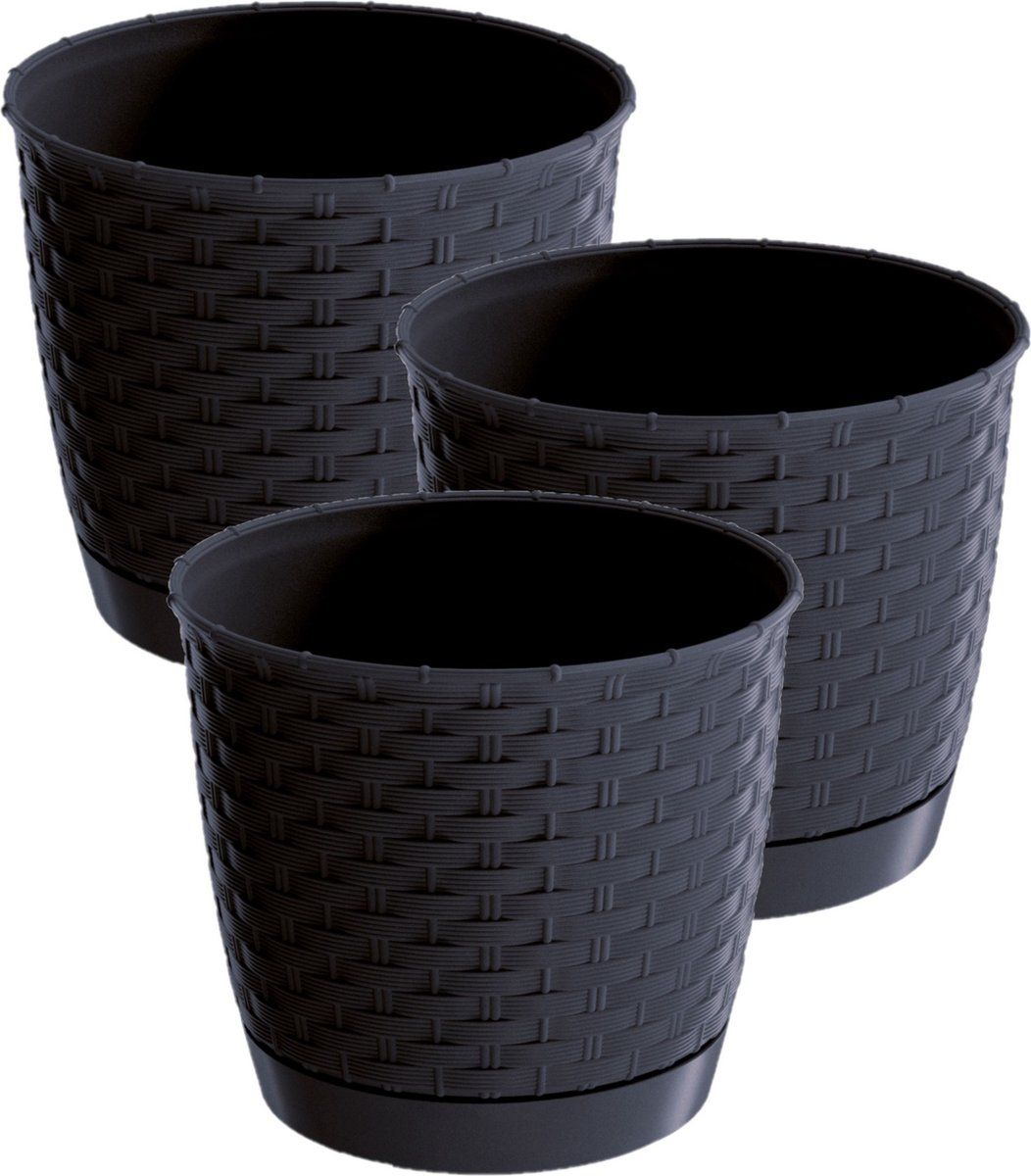 Prosperplast 3x Ronde Gevlochten Plantenpotten - Antraciet - Ø 22 cm