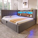 STILVORA Gestoffeerd bed 140x190 cm – Tweepersoonsbed Met LED & Hydraulische Opbergruimte – Linnen Bekleding – Grijs – Zonder matras