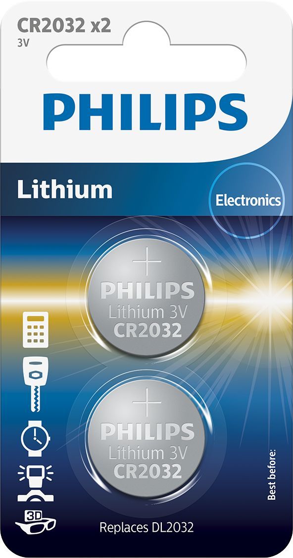Philips CR2032 Lithium Button Cell Batteries - 2 Pack