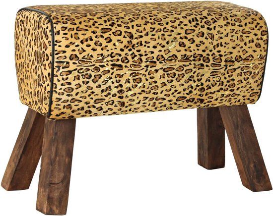 DKD Home Decor Voetensteun - Zwart Hout Bruin Leer Luipaard - 67 x 30 x 51 cm