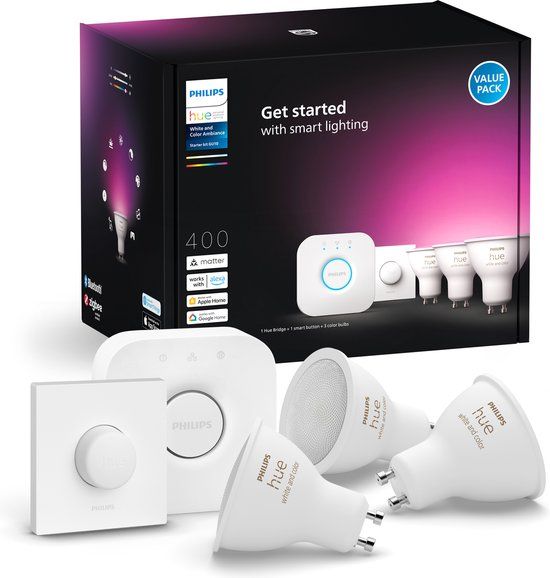 Philips Hue White & Color Ambiance Starterkit - 3x GU10 Slimme Spots + Smart Button - 2024