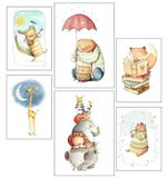 Set van 6 decoratieve wandafbeeldingen voor woonkamer, slaapkamer, kinderkamer, diermotieven, pluche dieren (2 x A3 (41 x 29,7 cm), 4 x A4 (29,7 x 21 cm)