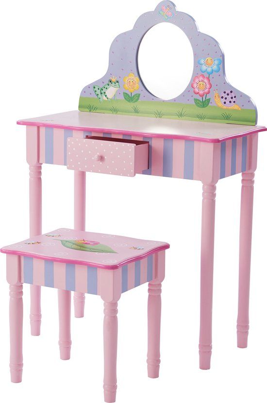 Teamson Kids Houten Kaptafel Kinderen - Tafel en Stoel Set - Magische Tuin Ontwerp - Roze