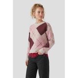 Anytime gebreide trui met ruitpatroon beige/roze/bordeauxrood