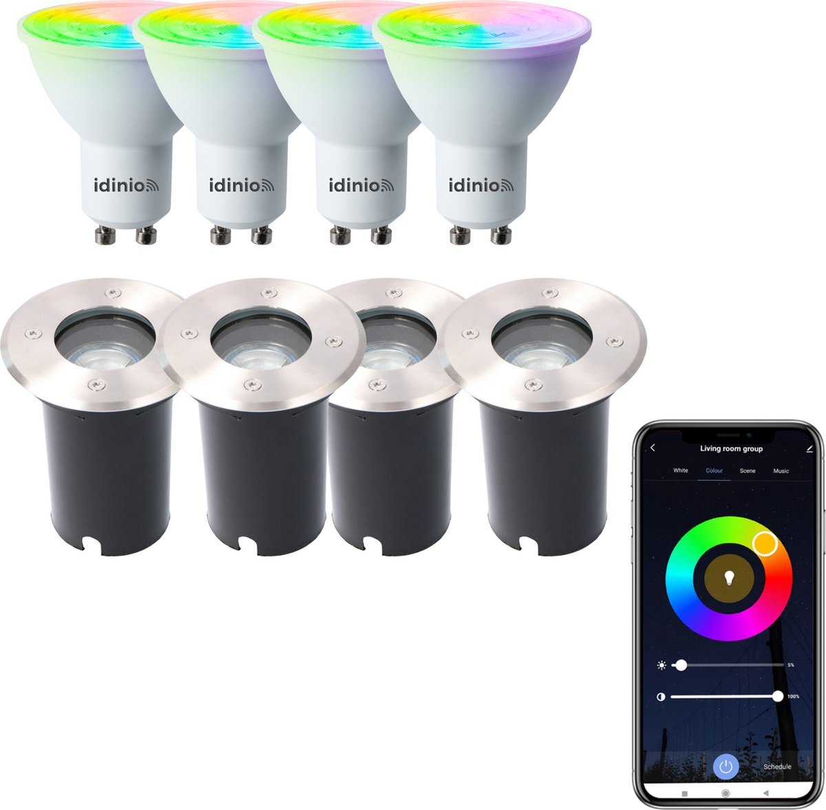 Proventa HeavyDuty LED Grondspots IP67 - 4 x Rond - WIFI inbouw tuinspot buiten - Multicolor