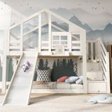 Ropilly Kinderbed boomhuis, 90x200 cm, etagesbed voor kinderen met glijbaan, lades, valbeveiliging en 2 lattenbodems (zonder matras), wit