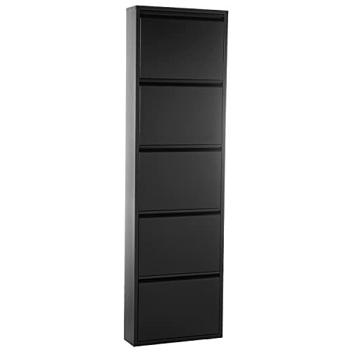 DRW Schoenenkast met 5 schuifladen van metaal, zwart, 50 x 15 x 170 cm