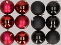Merkloos / Sans marque Kaemingk B.V. 12x stuks kunststof kerstballen mix van donkerrood en zwart 8 cm
