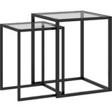 Lot de 2 tables gigognes empilables, plateau en verre trempé, structure en acier noir, patins antidérapants, tables d'appoint pour salon.