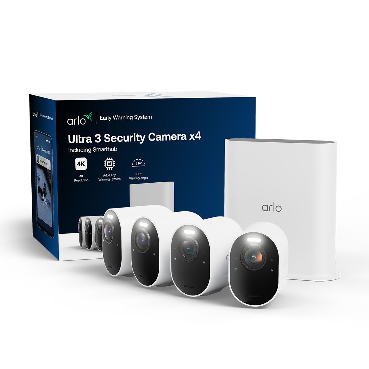 Arlo Ultra VMS5450-100EUS IP-beveiligingscamera Buiten 4K UHD 180° Kijkhoek Auto-tracking Kleurennachtzicht 4 stuks met SmartHub
