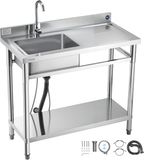 VEVOR Évier en acier inoxydable 100x50x94cm, cuve unique avec robinet et étagère, évier de cuisine pour garage, restaurant, buanderie, égouttoir droit