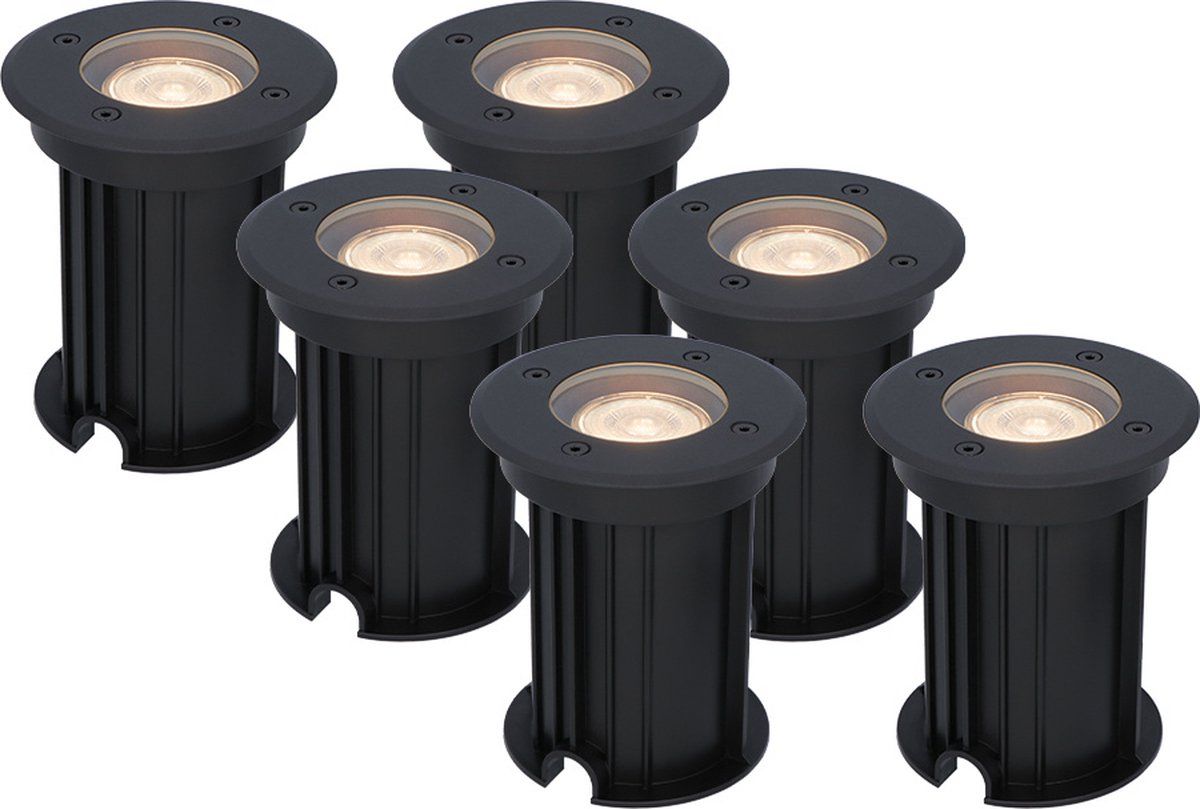 HOFTRONIC - Set van 6 Maisy LED Grondspot Zwart - 2700K Warm wit - Rond Aluminium - 5 Watt 400 Lumen - IP67 Waterdicht - Tuinspots