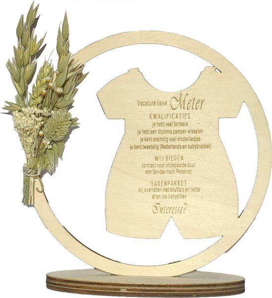 Hoepel en droogbloemen Wil jij mijn Meter zijn? | beige | romper | vacature cadeau | meter vragen | meter worden | peettante vragen | peettante worden