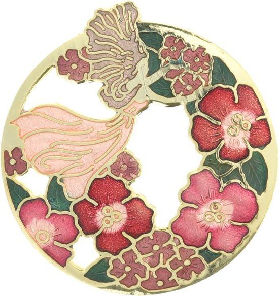 Behave Broche bloemen rond goud kleur rood roze - emaille sierspeld - sjaalspeld 4 cm