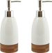 MSV Distributeur de savon - 2x - céramique/bambou - blanc/bois - 7 x 19 cm - 270 ml