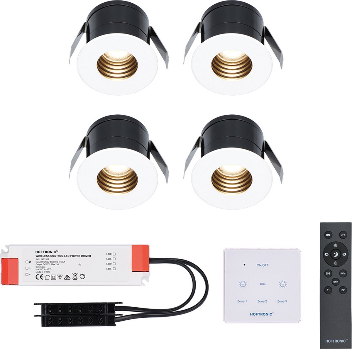 HOFTRONIC 4x Betty witte LED Inbouwspots complete set met muurdimmer - 12V - 3 Watt - Veranda verlichting - voor buiten - 2700K warm wit