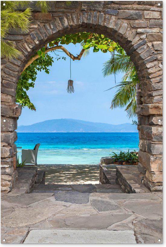 GreatGardenPosters Tuinposter doorkijk - Poort - Zee - Strandstoel - 120x180 cm