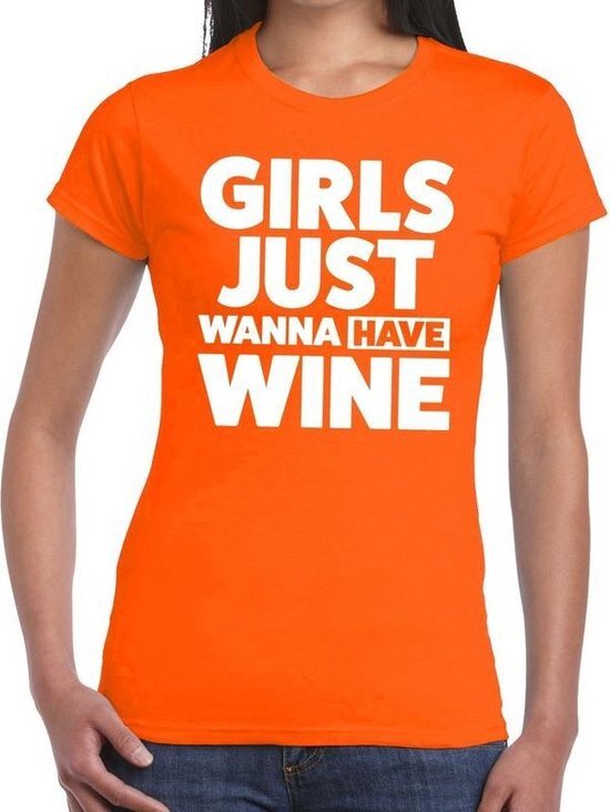 Bellatio Decorations Girls Just Wanna Have Wine tekst t-shirt oranje dames - oranje kleding L